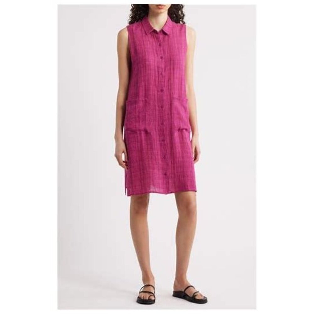 Eileen Fisher Orchid Organic Linen Button Sleeveless Shirt Dress Size 2X